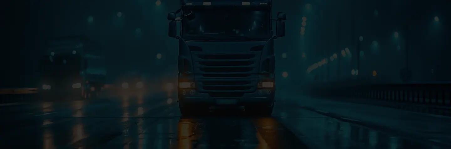 Semi Truck Driving Down Wet Road At Night